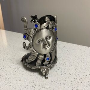 Vintage pewter Sun and Moon Candle Holder with Blue Accents
